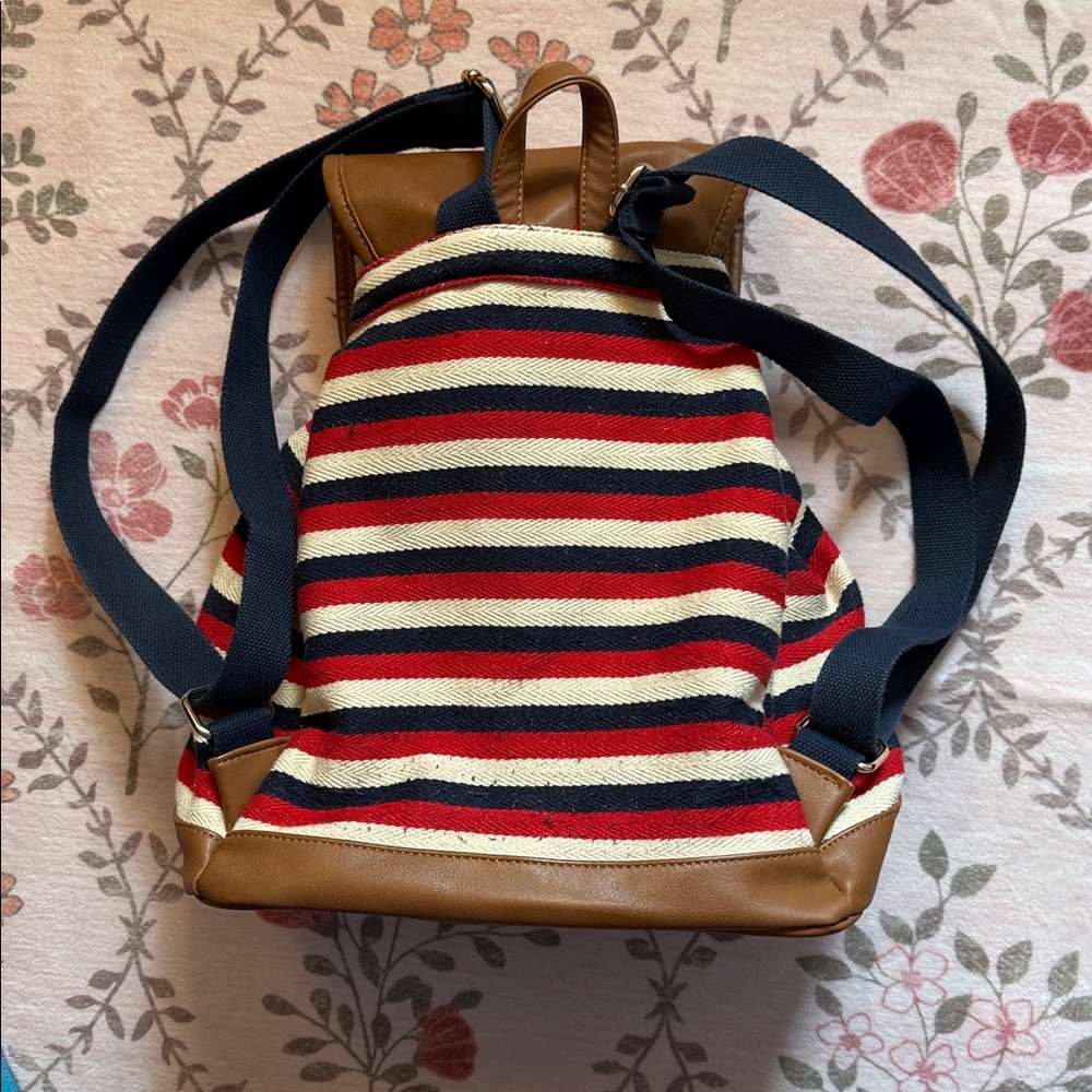Charming Charlie Cream, Red &Blue Striped Canvas & Brown Faux Leather Backpack - Picture 7 of 8